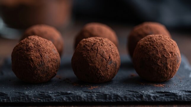 Dark chocolate truffles heavily dusted with rich cocoa powder on a black slate surface.