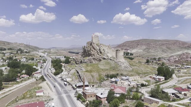 Cinematic Drone Footage of Hoshap Castle, Historic Fortress in Van Turkey Mountain Landscape