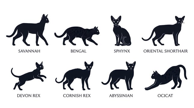 Cat breeds, feline silhouettes, 8 black cat icons, pet illustrations, animal designs