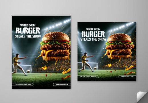 Editable Football Match Day Restaurant Food Promotion Social Media Post Template Set with Large Chicken Burger in Blurred Stadium Background.