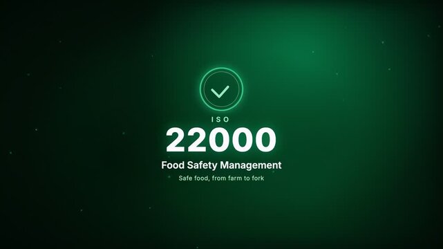 Food Safety Management ISO 22000 Certification Badge Kinetic Typography Motion Graphic Animation with Glowing Ring and Checkmark on Green Background