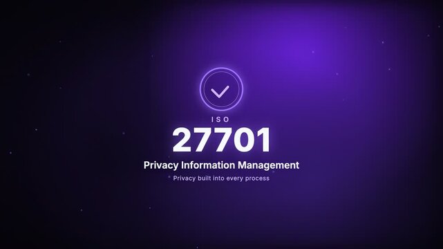 Privacy Information Management ISO 27701 Certification Badge Kinetic Typography Motion Graphic Animation with Glowing Ring and Checkmark on Purple Background