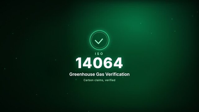 Greenhouse Gas Verification ISO 14064 Certification Badge Kinetic Typography Motion Graphic Animation with Glowing Ring and Checkmark on Green Background
