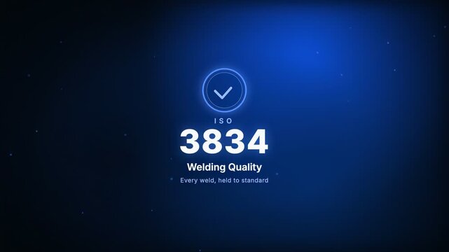 Welding Quality ISO 3834 Certification Badge Kinetic Typography Motion Graphic Animation with Glowing Ring and Checkmark on Blue Background