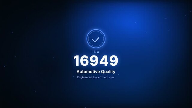 Automotive Quality ISO 16949 Certification Badge Kinetic Typography Motion Graphic Animation with Glowing Ring and Checkmark on Blue Background
