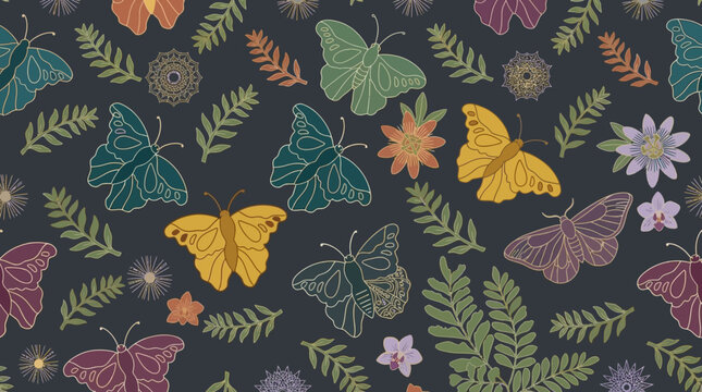 Motif r&eacute;p&eacute;titif &eacute;l&eacute;gant avec des papillons color&eacute;s, des fleurs d&eacute;licates et des feuilles de foug&egrave;re sur un fond sombre pour un design textile moderne et artistique