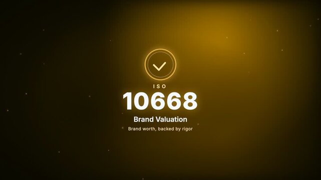 Brand Valuation ISO 10668 Certification Badge Kinetic Typography Motion Graphic Animation with Glowing Ring and Checkmark on Gold Background