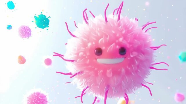 Cute pink fuzzy germ character smiling among colorful microbe on a light background, playful cartoon bacteria, friendly science mascot, whimsical mood.