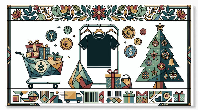Illustrazione vettoriale piatta di shopping natalizio con carrello pieno di regali, albero di Natale decorato, maglietta su appendiabiti e icone di valute globali su sfondo bianco