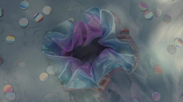Trendy Silk Scrunchies animation. Trendy Silk Scrunchies Background. Set of Stylish Scrunchies on Color Background.