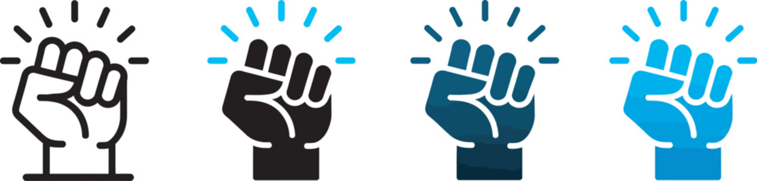Raised fist power icon vector set featuring protest, empowerment, resistance, and solidarity symbols in outline and solid styles for activism, equality campaigns, social justice, advocacy materials, 