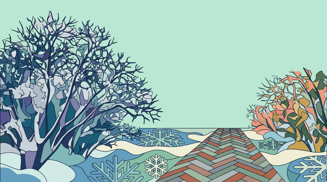 Illustration vectorielle stylis&eacute;e d'un paysage hivernal avec des arbres enneig&eacute;s, des flocons de neige d&eacute;coratifs et un chemin pav&eacute; menant &agrave; l'horizon dans un style artistique plat.