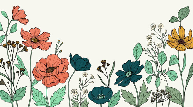 Illustrazione botanica con fiori selvatici colorati e foglie verdi su sfondo crema, ideale come cornice decorativa o bordo floreale per inviti, biglietti di auguri e design creativo.