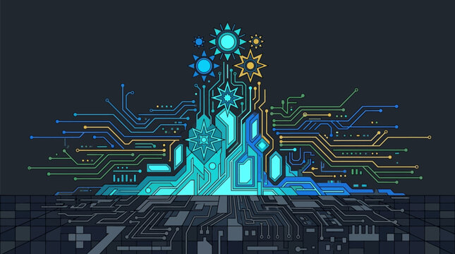Une illustration num&eacute;rique abstraite repr&eacute;sentant un circuit imprim&eacute; complexe avec des motifs g&eacute;om&eacute;triques lumineux, des connexions &eacute;lectroniques et des engrenages stylis&eacute;s sur fond sombre.