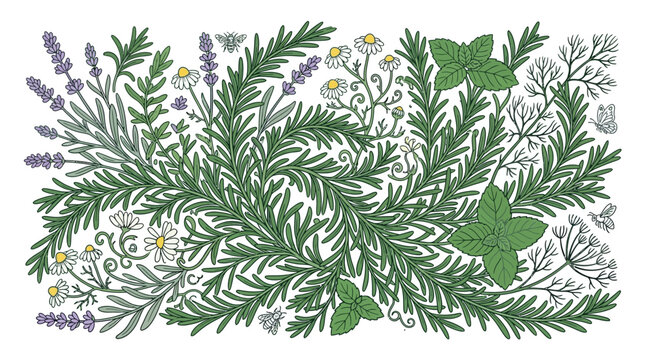 Illustration botanique dessin&eacute;e &agrave; la main repr&eacute;sentant un m&eacute;lange d'herbes aromatiques fra&icirc;ches comme le romarin, la lavande, la menthe et la camomille sur un fond blanc &eacute;pur&eacute;.