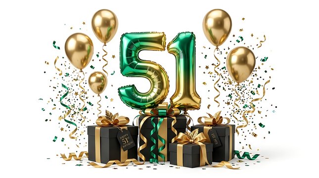51st birthday celebration with gold balloons and gift boxes