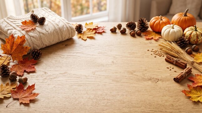 Autumn Harvest Arrangement: A cozy autumn arrangement features a folded cable-knit sweater, colorful fallen leaves, pinecones, small pumpkins, gourds, cinnamon sticks, and wheat stalks.