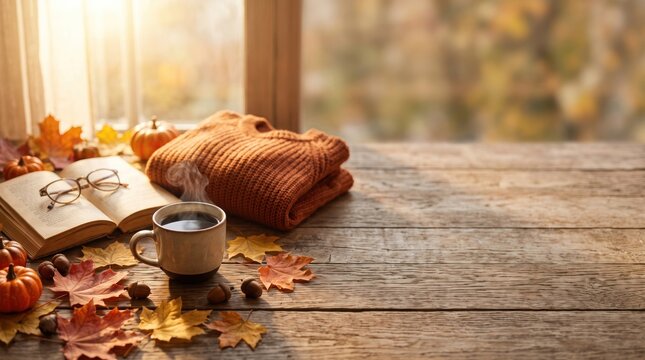 Cozy Autumn Window View: An open book and glasses rest on a wooden surface adorned with autumn leaves and mini pumpkins, next to a steaming cup of coffee and a folded sweater.