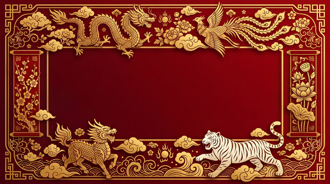 Ornate golden mythical creatures frame on a deep red background with traditional oriental style