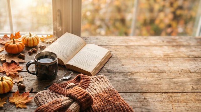 Cozy Autumn Afternoon: A warm mug of coffee, an open book, and a knitted sweater rest on a wooden table, surrounded by autumn leaves and mini pumpkins.