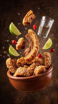 Crispy Fried Pork Belly with Salt, Lime and Tequila Shot Flying into Clay Bowl, Torresmo Snack
