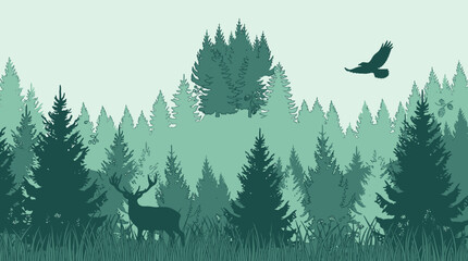 Obraz premium Illustrazione vettoriale di una foresta di conifere con sagome di un cervo e di un uccello in volo, caratterizzata da tonalità verdi stratificate e un'atmosfera naturale e serena.