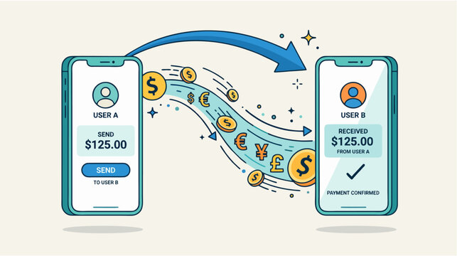 Minimalist 2D flat illustration of peer-to-peer money transfer between two smartphones connected by arrows and currency symbols, instant payment concept