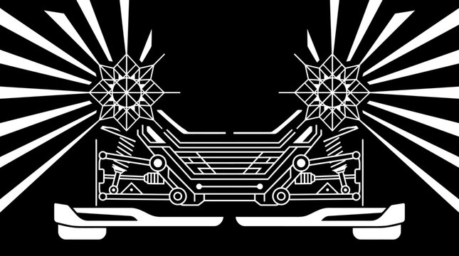 Ilustraci&oacute;n vectorial abstracta de estilo t&eacute;cnico con l&iacute;neas blancas sobre fondo negro, representando un dise&ntilde;o sim&eacute;trico de componentes mec&aacute;nicos, engranajes y rayos de luz radiantes.