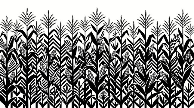 Illustrazione vettoriale in bianco e nero di un campo di mais con piante stilizzate e pannocchie mature, ideale per design agricolo, sfondi naturali o motivi decorativi per stampe.