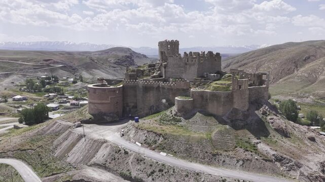 Cinematic Drone Footage of Hoshap Castle, Historic Fortress in Van Turkey Mountain Landscape