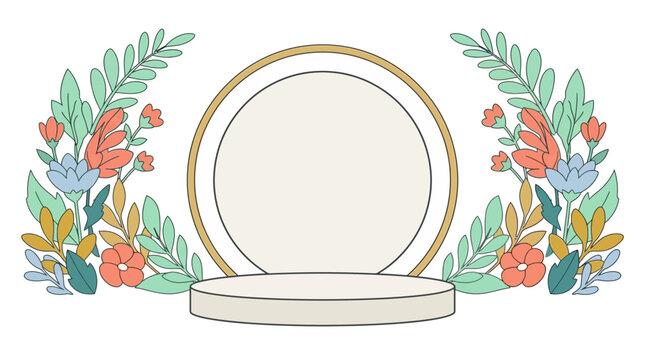 Illustration vectorielle d'un podium circulaire &eacute;l&eacute;gant encadr&eacute; par des fleurs color&eacute;es et des feuilles d&eacute;coratives pour une pr&eacute;sentation de produit raffin&eacute;e et printani&egrave;re