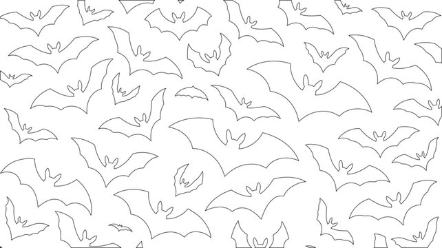 Various flying bat silhouettes create a seamless pattern on a simple white background for spooky designs