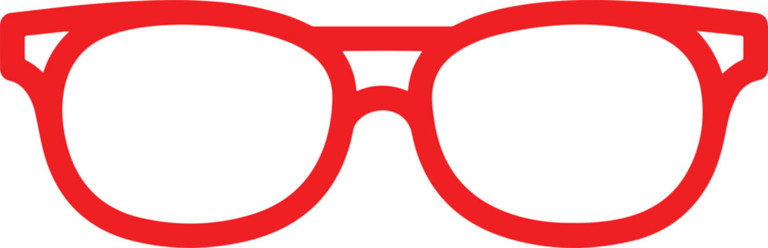 Red Eyeglasses Icon: A simple, bold illustration of red-rimmed eyeglasses, featuring a classic frame design. This graphic represents vision, style, and clarity.