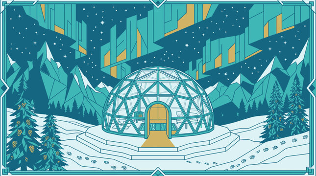 Illustrazione vettoriale di un igloo a cupola in vetro sotto un cielo notturno con aurora boreale, montagne innevate e alberi di pino in un paesaggio invernale artico stilizzato.