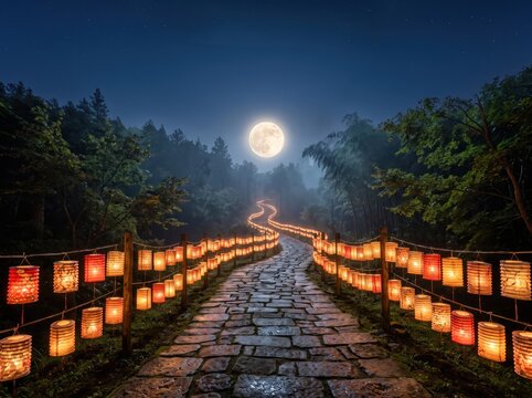 Moonlit Lantern Path: A stone pathway winds through a forest under a full moon, illuminated by rows of glowing lanterns, creating a magical and mysterious atmosphere.
