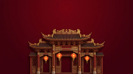 Fototapeta premium Ornate Chinese temple gate with glowing lanterns on a deep red background