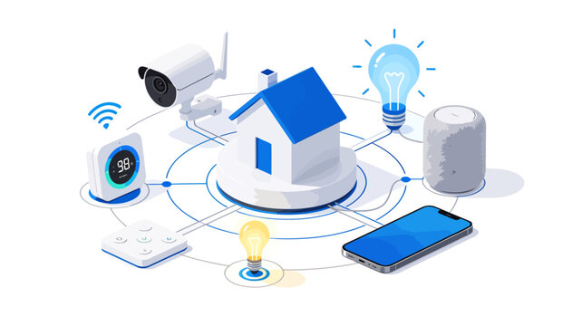 Isometric smart home automation concept connecting security camera, thermostat, smart speaker, lighting, and smartphone app over white background.