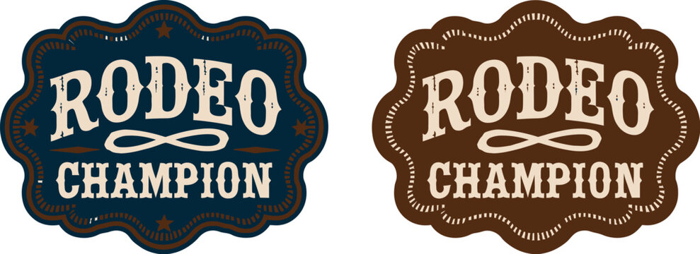 Rodeo champion vintage western emblem featuring ornate cowboy label with belt buckle, bull rider medal, and decorative typographic badge for ranch branding, apparel prints, posters, logos,