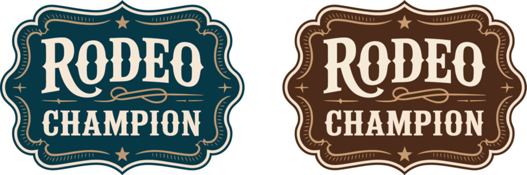 Rodeo champion vintage western emblem, ornate cowboy label with belt buckle, bull rider medal, and typographic badge design for ranch branding, posters, apparel prints, logos, retro western graphics, 