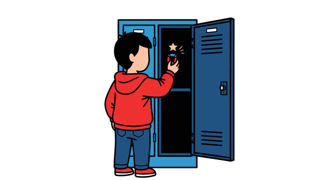 Child opening blue school locker with key.