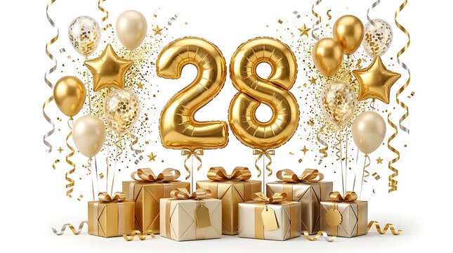 Golden 28th birthday celebration with balloons and gift boxes