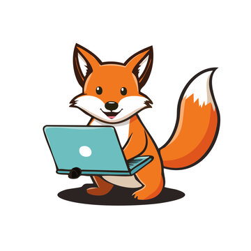 Cartoon fox using a laptop computer