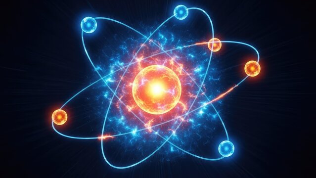 Glowing atomic structure with orbiting electrons and nucleus.