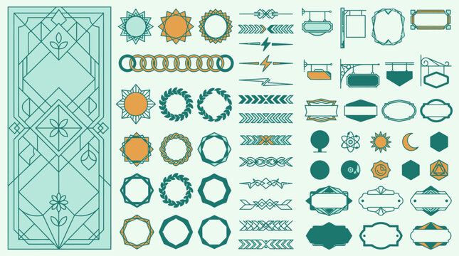 Colecci&oacute;n de elementos de dise&ntilde;o geom&eacute;trico vintage con marcos ornamentales, divisores lineales, insignias y letreros colgantes en estilo art d&eacute;co sobre un fondo de color verde menta.