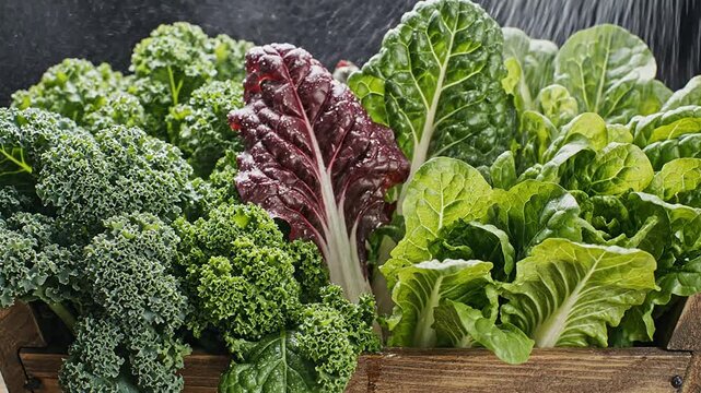 Close-Up Of Vibrant Swiss Chard And Romaine Lettuce Sprayed With Water In Wooden Crate Against Dark Background