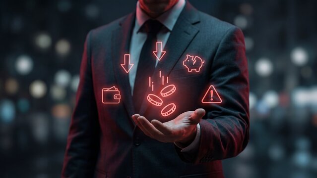 Businessman holding glowing red falling coins with downward arrows piggy bank wallet and warning icons representing financial loss inflation and economic crisis concept on dark background