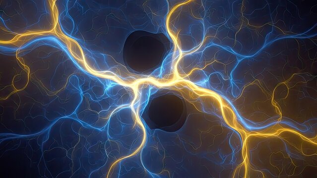 Intense blue and yellow electrical lightning discharge effect.