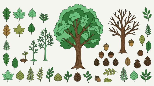 Ein dekoratives Set mit handgezeichneten Illustrationen von B&auml;umen, verschiedenen Blattformen, Eicheln und Tannenzapfen im flachen Vektorstil auf einem hellen Hintergrund.