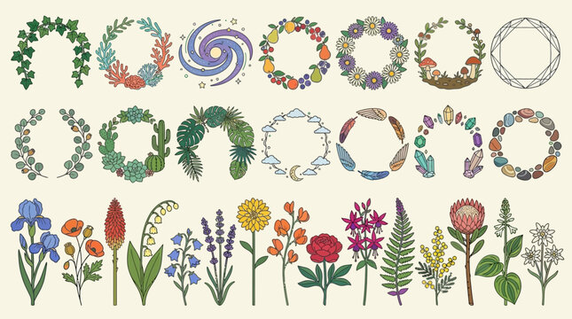 Conjunto de ilustraciones bot&aacute;nicas dibujadas a mano con coronas florales decorativas, marcos circulares y una variedad de flores silvestres coloridas sobre un fondo de color crema claro