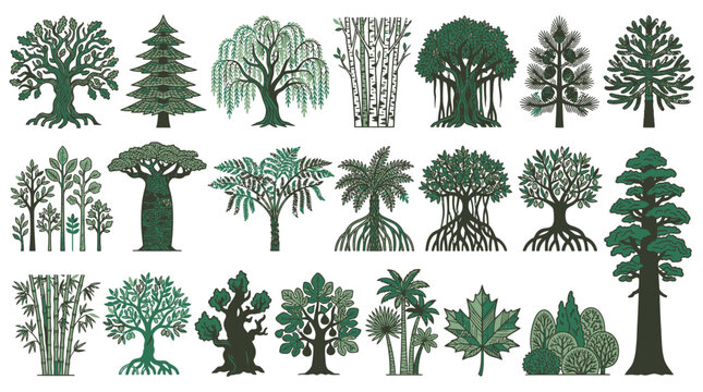 Set di icone vettoriali piatte raffiguranti diverse specie di alberi, conifere, latifoglie, palme e piante esotiche isolate su sfondo bianco per design naturalistico e botanico.